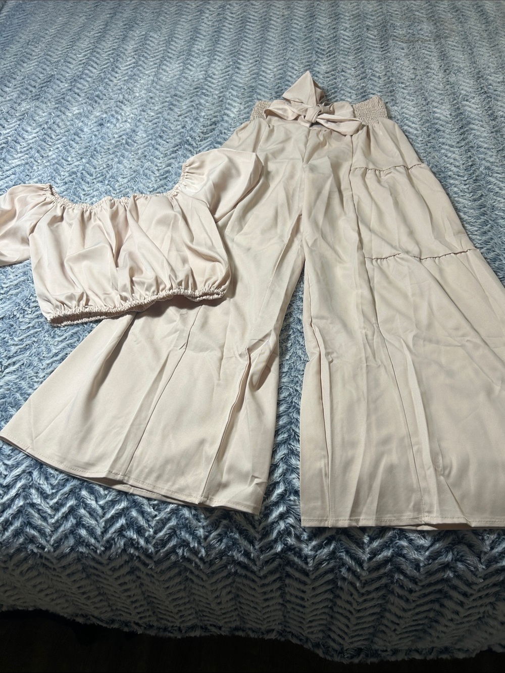 Women's Cream Wide-Leg Jumpsuit Set with Crop Top